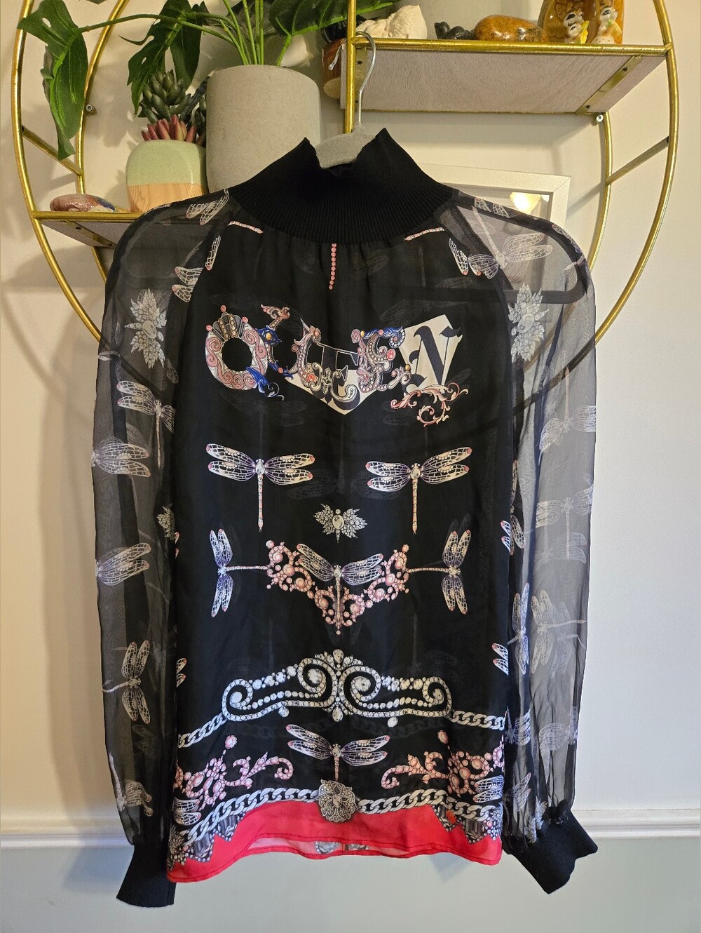 VERSACE COLLECTION Silk Sheer Dragonfly “QUEEN” Top Made in Italy Authentic